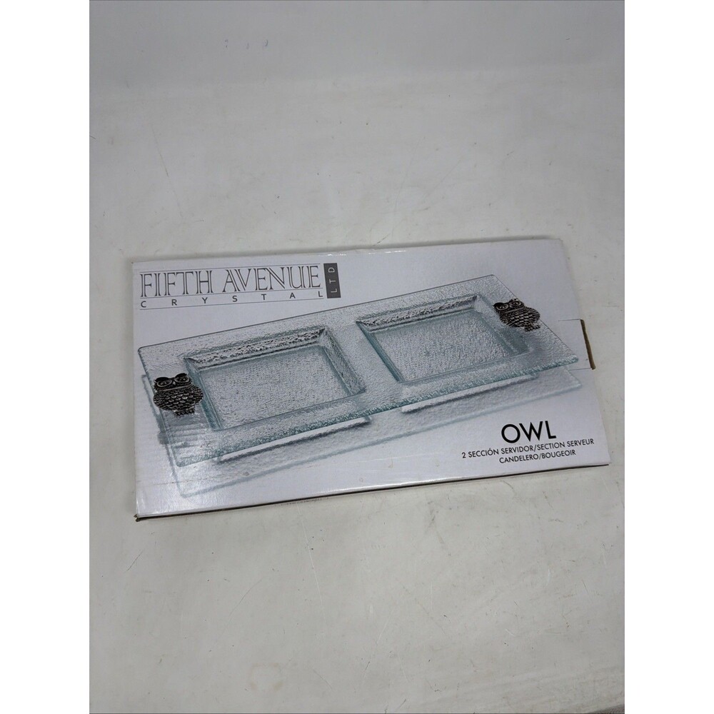 Fifth Avenue Crystal Owl 2-Section Server Tray 15.5" Textured Glass NIB